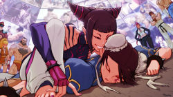 Rule 34 | 4boys, 4girls, barefoot, biting, black hair, brown hair, bun cover, capcom, china dress, chinese clothes, chun-li, crimson viper, detached sleeves, dress, drill hair, dudou, ear biting, earrings, elbow gloves, evil grin, evil smile, final fight, fingerless gloves, genryuusai maki, gloves, grin, gsears, halterneck, han juri, hand on another&#039;s face, highres, jewelry, m. bison, midriff, multiple boys, multiple girls, nail polish, navel, one eye closed, pantyhose, pink nails, pompadour, ryu (street fighter), sagat, sexually suggestive, smile, street fighter, street fighter iv (series), teeth, twin drills, wink, yuri, zangief