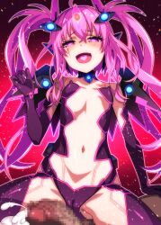 Rule 34 | 1boy, 1girl, breasts, cameltoe, cleft of venus, commentary request, commission, covered erect nipples, crossed bangs, cum, elbow gloves, fang, gloves, grace (sound voltex), hair between eyes, hetero, highres, navel, okina ika, open mouth, pink eyes, pink hair, purple gloves, skeb commission, small breasts, solo focus, sound voltex, twintails