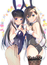 Rule 34 | 2girls, :d, animal ears, armpits, ass, asymmetrical docking, bang dream!, bare shoulders, black hair, black legwear, black leotard, black neckwear, blue leotard, blue nails, blunt bangs, blush, bow, bowtie, breast press, breasts, butt crack, cleavage, closed mouth, commentary request, commission, covered navel, cowboy shot, detached collar, earrings, embarrassed, fake animal ears, fishnet legwear, fishnets, floral background, flower, green eyes, hair between eyes, hairband, hanazono tae, hand on another&#039;s hip, heart, heart hands, heart hands duo, highleg, highleg leotard, highres, hug, jewelry, lace, lace-trimmed legwear, lace trim, leotard, long hair, looking at viewer, medium breasts, multiple girls, nail polish, open mouth, pantyhose, pixiv commission, playboy bunny, purple eyes, purple nails, rabbit earrings, rabbit ears, shirokane rinko, side-tie leotard, sidelocks, sleeveless, small breasts, smile, standing, strapless, strapless leotard, thighhighs, tsurugi hikaru, very long hair, waist hug, white background, wrist cuffs