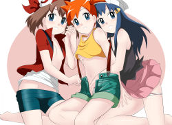 Rule 34 | 3girls, aqua shorts, bandana, barefoot, bike shorts, black shirt, blue eyes, blue hair, blue shorts, breasts, brown hair, cleavage, clothes pull, collarbone, creatures (company), crop top, dawn (pokemon), floating hair, game freak, grabbing, grabbing another&#039;s breast, grabbing from behind, groin, groping, hand under clothes, hat, highres, holding hands, interlocked fingers, jacket, long hair, looking at viewer, may (pokemon), midriff, miniskirt, misty (pokemon), multiple girls, navel, nintendo, one side up, open clothes, open jacket, open mouth, open shorts, orange hair, panties, panty pull, pink skirt, pokemon, pokemon (anime), pokemon (classic anime), pokemon dppt, pokemon rse, red bandana, red jacket, shirt, short hair, short shorts, short sleeves, shorts, shorts pull, skirt, sleeveless, sleeveless shirt, small breasts, stomach, strap gap, suspender shorts, suspenders, takaya n, underboob, underwear, very long hair, white background, white headwear, white panties, yuri