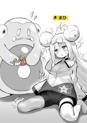 Rule 34 | 1girl, bare shoulders, bellibolt, blush, bow-shaped hair, breasts, character hair ornament, cheri berry, comic, creatures (company), drooling, electricity, flying sweatdrops, food, fruit, game freak, hair ornament, highres, hirunagi, iono (pokemon), jacket, long hair, long sleeves, low twintails, monochrome, nintendo, paralysis, pokemon, pokemon (creature), pokemon sv, sharp teeth, shorts, silent comic, sitting, sleeves past fingers, sleeves past wrists, small breasts, spot color, teeth, translation request, twintails, wariza