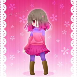 Rule 34 | bete noire, boots, brown hair, clothes, glitchtale, pink background, pink eyes, pink hair, pink shirt, purple shirt, shirt, short hair, smile, wearing clothes