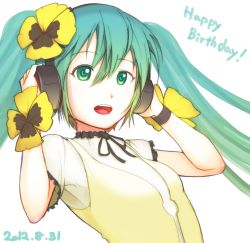 Rule 34 | 10s, 1girl, 2012, dated, green eyes, green hair, happy birthday, hatsune miku, headphones, long hair, looking at viewer, matching hair/eyes, open mouth, pansy, project diva (series), project diva f, simple background, solo, tohogaeru, twintails, vocaloid, weekender girl (vocaloid), white background, yellow flower, yellow pansy