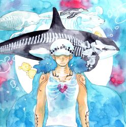 Rule 34 | 1boy, absurdres, arm tattoo, bear, bird, blue cape, cape, chest tattoo, closed eyes, earrings, fish, heart, highres, jewelry, narwhal, one piece, orca, painting (medium), penguin, ribs, shirt, shoulder tattoo, sleeveless, sleeveless shirt, sorahachi111, tattoo, traditional media, trafalgar law, underwater, upper body, watercolor (medium), white shirt, x-ray
