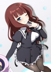 Rule 34 | 1girl, ;), assault lily, black skirt, blue eyes, blunt bangs, breasts, brown hair, brown pantyhose, closed mouth, commentary request, cropped jacket, feet out of frame, finger to cheek, frilled skirt, frills, gradient background, grey background, gungun (hakutou7887), hand up, high-waist skirt, holding, holding weapon, juliet sleeves, kaede johan nouvel, knees together feet apart, long hair, long sleeves, looking at viewer, medium breasts, miniskirt, one eye closed, outstretched arm, pantyhose, puffy sleeves, school uniform, shadow, shirt, sidelocks, skirt, smile, solo, standing, v-shaped eyebrows, wavy hair, weapon, white shirt, yurigaoka girls academy school uniform