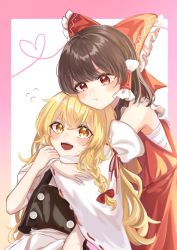 Rule 34 | 2girls, :t, black skirt, black vest, blonde hair, blush, border, bow, brown hair, buttons, chest sarashi, commentary request, detached sleeves, frilled bow, frills, hair bow, hakurei reimu, heart, highres, hug, kirisame marisa, long sleeves, multiple girls, no headwear, open mouth, pink border, puffy short sleeves, puffy sleeves, red eyes, red skirt, red vest, sarashi, short sleeves, skirt, skirt set, touhou, turtleneck, vest, white background, white sleeves, wide sleeves, witch, yellow eyes, yomogi 9392