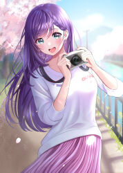 Rule 34 | 1girl, absurdres, braid, breasts, camera, cherry blossoms, earrings, green eyes, hair between eyes, highres, holding, holding camera, jewelry, large breasts, long hair, long sleeves, materu (2532), nail polish, open mouth, original, pink skirt, purple hair, river, shirt, skirt, solo, teeth, white shirt