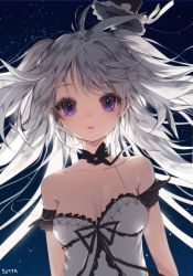 Rule 34 | 1girl, :o, alice drive, artist name, bad id, bad pixiv id, breasts, choker, cleavage, dress, long hair, off shoulder, open mouth, original, purple eyes, silver hair, small breasts, solo, star (symbol), sukja