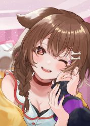 Rule 34 | 2girls, ;), animal ears, blush, bone hair ornament, braid, breasts, brown eyes, brown hair, cleavage, dog ears, female pov, hair ornament, hand on another&#039;s cheek, hand on another&#039;s face, heart, heart-shaped pupils, highres, hololive, indoors, inugami korone, inugami korone (1st costume), jacket, long hair, long sleeves, looking at viewer, multiple girls, nail polish, nekomata okayu, one eye closed, open mouth, pov, pov hands, purple nails, shirt, smile, soraneko (purin kudasai), symbol-shaped pupils, upper body, virtual youtuber, white shirt, yellow jacket, yellow nails