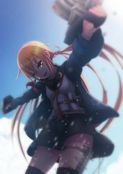 Rule 34 | 1girl, absurdres, armband, black skirt, black thighhighs, blonde hair, blue jacket, cloud, collarbone, commentary request, cowboy shot, crescent, crescent pin, day, dual wielding, from below, hair between eyes, highres, holding, jacket, kantai collection, lens flare, light smile, long hair, long sleeves, looking at viewer, looking down, low twintails, miniskirt, neckerchief, open mouth, outdoors, outstretched arms, panties, pantyshot, revision, rumachi, satsuki (kancolle), satsuki kai ni (kancolle), school uniform, serafuku, skirt, sky, solo, spread arms, standing, sunlight, thigh strap, thighhighs, twintails, underwear, very long hair, white panties, yellow eyes, yellow neckerchief, zettai ryouiki