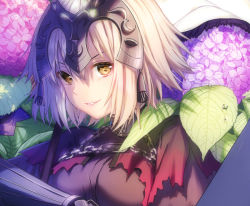 Rule 34 | 1girl, announcement, bad id, bad tumblr id, blonde hair, breasts, chain, commentary, fate/apocrypha, fate/grand order, fate (series), flower, headpiece, hydrangea, jeanne d&#039;arc (fate), jeanne d&#039;arc alter (avenger) (fate), jeanne d&#039;arc alter (fate), medium breasts, rosuuri, short hair, smile, solo, upper body, v-shaped eyebrows, water drop, yellow eyes