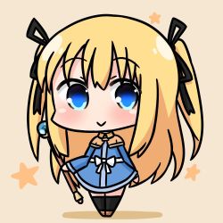 Rule 34 | 1girl, black ribbon, black socks, blonde hair, blue dress, blue eyes, blush, bow, brown background, brown footwear, closed mouth, commentary request, dress, full body, hair between eyes, hair ribbon, hana kazari, holding, holding staff, kneehighs, long hair, long sleeves, original, ribbon, shadow, sidelocks, smile, socks, solo, staff, standing, star (symbol), two side up, very long hair, white bow