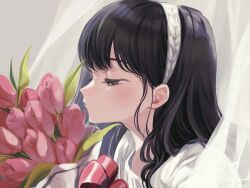 Rule 34 | 1girl, amezawa koma, black eyes, black hair, bouquet, close-up, commentary, curtains, expressionless, flower, hairband, half-closed eyes, highres, long hair, original, pink flower, pink tulip, profile, shirt, solo, symbol-only commentary, tulip, white shirt