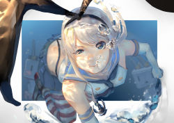 Rule 34 | 10s, 1girl, :t, air bubble, ajisa, anchor, anchor hair ornament, bare shoulders, breasts, breath, bubble, elbow gloves, flat chest, freediving, gloves, hair ornament, highres, holding breath, kantai collection, rensouhou-chan, shimakaze (kancolle), sketch, striped clothes, striped legwear, striped thighhighs, thighhighs, thong, underwater