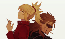 Rule 34 | 1boy, 1girl, back-to-back, blonde hair, braid, cigarette, commentary request, facial hair, fate/apocrypha, fate (series), french braid, goatee, grey background, hair ornament, hair scrunchie, holding, jacket, long hair, long sleeves, looking up, meiji ken, mordred (fate), mordred (fate/apocrypha), mordred (memories at trifas) (fate), ponytail, profile, red jacket, red scrunchie, scar, scar across eye, scar on face, scrunchie, shishigou kairi, simple background, smile, smoking, sunglasses, translation request, twitter username