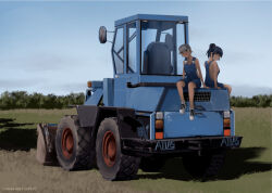 Rule 34 | 2girls, baseball cap, black hair, blonde hair, blue overalls, blue sky, breasts, day, dead-robot, hat, looking at viewer, medium breasts, medium hair, motor vehicle, multiple girls, naked overalls, original, outdoors, overalls, ponytail, short hair, sideboob, sitting, sky, tractor, white sneakers