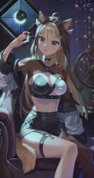 Rule 34 | 1girl, absurdres, ahoge, animal ears, bell, blonde hair, blue eyes, breasts, brown hair, cat ears, cat girl, cleavage, commission, earrings, hair ornament, highres, holding, jacket, jewelry, large breasts, long hair, long sleeves, looking at object, medium breasts, midriff, multicolored hair, neck bell, night, off shoulder, original, pencil skirt, pixiv commission, sitting, skirt, solo, sssong aa, tail, thighhighs, vial, virtual youtuber