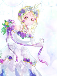 Rule 34 | 1girl, artist name, artist request, bare legs, bare shoulders, blonde hair, blush, bouquet, braid, breasts, brown eyes, cleavage, collarbone, crown braid, dress, elbow gloves, female focus, flower, gloves, hair flower, hair ornament, hair rings, highres, holding, holding bouquet, holding flower, jewelry, looking at viewer, love live!, love live! school idol festival, love live! sunshine!!, necklace, ohara mari, parted lips, pearl necklace, pink flower, purple flower, purple ribbon, ribbon, ritsuka (pixiv45801498), rituka, short hair, skirt, smile, solo, tiara, twintails, wedding dress, white dress, white flower, white gloves, white skirt, yellow eyes
