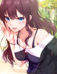 Rule 34 | 1girl, :d, ahoge, blue eyes, blush, bracelet, breasts, cleavage, collarbone, day, dress, earrings, hand up, highres, ichinose shiki, idolmaster, idolmaster cinderella girls, jewelry, large breasts, leaning forward, long hair, looking at viewer, necklace, off-shoulder dress, off shoulder, open mouth, outdoors, purple hair, ring, ryuu., smile, solo, wavy hair