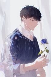 Rule 34 | 1boy, absurdres, black hair, blue flower, blue rose, blue sweater, closed eyes, closed mouth, collared shirt, flower, highres, holding, holding flower, jeong taeui, male focus, passion (manhwa), rose, shirt, short hair, smile, solo, sweater, upper body, white background, white shirt, whiteislife 4