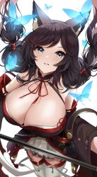 Rule 34 | 1girl, absurdres, animal ear fluff, azur lane, bare shoulders, blue butterfly, blue eyes, breasts, brown hair, brown kimono, bug, burnt clothes, butterfly, cleavage, from above, fusou (azur lane), fusou (meta) (azur lane), highres, holding, holding polearm, holding weapon, huge breasts, insect, japanese clothes, kimono, looking at viewer, looking up, polearm, simple background, skirt, solo, thighhighs, twintails, weapon, white background, white skirt, white thighhighs, wide sleeves, yamaha tsui