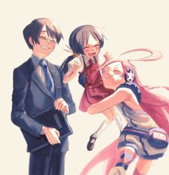 Rule 34 | 1boy, 2girls, ahoge, android, bare arms, black hair, black suit, blue necktie, brown hair, carrying, carrying person, closed eyes, commentary request, company connection, dated, dress, earmuffs, formal, fur-trimmed dress, fur trim, glasses, grin, happy birthday, highres, hip gear, hiyama kiyoteru, holding, holding suitcase, kaai yuki, long hair, multiple girls, nata shelf, neckerchief, necktie, open mouth, pink hair, red dress, red neckerchief, sf-a2 miki, shirt, short sleeves, sleeveless, sleeveless dress, smile, standing, star (symbol), star print, suit, suitcase, textless version, twintails, very long hair, vocaloid, white dress, white shirt