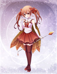 Rule 34 | 1girl, bad id, bad pixiv id, bow, brown eyes, brown hair, brown skirt, brown thighhighs, cape, detached sleeves, female focus, full body, gradient background, hair bow, long hair, miniskirt, mireisaki, petticoat, pixiv fantasia, pixiv fantasia wizard and knight, polearm, skirt, smile, solo, spear, standing, striped clothes, striped skirt, thighhighs, twintails, weapon, zettai ryouiki
