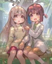 Rule 34 | 2girls, absurdres, ahoge, blue hair, blush, colored inner hair, commentary, feet out of frame, food, green shirt, grey hair, highres, holding, holding hands, holding spoon, ice cream, interlocked fingers, jacket, long hair, long sleeves, looking at viewer, medium skirt, mint chocolate, multicolored hair, multiple girls, one side up, onii-chan wa oshimai!, open mouth, outdoors, oyama mahiro, oyama mihari, pink eyes, pink skirt, plaid, plaid skirt, red hair, shirt, short hair, sitting, skirt, socks, spoon, sweater, symbol-only commentary, wasabiyoukan, white jacket, white socks, yellow eyes, yellow skirt, yellow sweater
