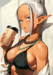 Rule 34 | 1girl, bad id, bad twitter id, bare shoulders, bead necklace, beads, bikini, black bikini, breasts, cleavage, coffee cup, collarbone, cup, dark-skinned female, dark elf, dark skin, disposable cup, elf, forehead, hair pulled back, highres, jacket, jewelry, kinta (distortion), large breasts, long hair, long sleeves, looking at viewer, necklace, open mouth, original, pointy ears, ponytail, sidelocks, silver hair, solo, swimsuit, white jacket, yellow eyes