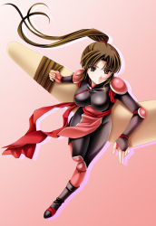 Rule 34 | 1girl, armor, black bodysuit, bodysuit, boomerang, boots, bridal gauntlets, brown eyes, brown hair, floating hair, full body, highres, holding, holding weapon, inuyasha, leaning forward, leg up, long hair, looking at viewer, pauldrons, pink background, ponytail, sango (inuyasha), shoulder armor, solo, tamamon, very long hair, weapon