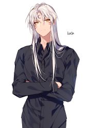 Rule 34 | 1boy, artist name, black pants, black shirt, collared shirt, crescent moon symbol, crossed arms, dress shirt, expressionless, eyes visible through hair, facial mark, head tilt, inuyasha, jpeg artifacts, long hair, long sleeves, looking at viewer, male focus, necktie, pants, pointy ears, sesshoumaru, shirt, sidelocks, simple background, solo, sukja, untucked shirt, upper body, very long hair, white background, yellow eyes