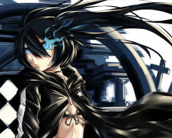 Rule 34 | 10s, 1girl, bikini, bikini top only, black bikini, black hair, black rock shooter, black rock shooter (character), black sweater, blue eyes, breasts, cardigan, cleavage, cross, flaming eyes, flat chest, front-tie top, hair between eyes, highres, long hair, mrnn, open cardigan, open clothes, solo, sweater, swimsuit