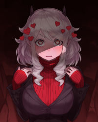 1girl, bangs, black suit, blush, breasts, demon girl, eyelashes, formal, hair between eyes, heart, heart-shaped pupils, helltaker, highres, horns, large breasts, looking at viewer, medium hair, modeus (helltaker), parted lips, pointy ears, red eyes, red sweater, ribbed sweater, ringlets, sidelocks, silver hair, solo, suit, sweater, sweater under jacket, swept bangs, symbol-shaped pupils, turtleneck, turtleneck sweater, upper body, wavy mouth, yu mochi (kamiinu)