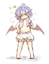 Rule 34 | 1girl, aged down, barefoot, bat wings, bloomers, blue hair, bottle, censored, closed eyes, convenient censoring, full body, hand on own hip, maru usagi, milk bottle, pointy ears, remilia scarlet, simple background, solo, topless, touhou, towel, towel around neck, translated, underwear, underwear only, uu~, wet, white background, white bloomers, wings
