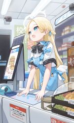 Rule 34 | 1girl, absurdres, apron, black ribbon, blonde hair, blue apron, blue archive, blue eyes, bow, bowtie, ceiling light, collarbone, commentary, convenience store, food, forehead, halo, highres, id card, indoors, long hair, looking ahead, mini wings, neck ribbon, open mouth, parted bangs, ribbon, security camera, sentter, shirt, shop, short sleeves, solo, sora (blue archive), standing, store clerk, striped bow, striped bowtie, striped clothes, two side up, white halo, white shirt, white wings, wings