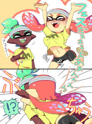 Rule 34 | !?, &gt; &lt;, +++, 1boy, 1girl, 2koma, :d, arms up, bike shorts, blush, breast press, breasts, comic, dark-skinned male, dark skin, emphasis lines, fangs, glomp, green hair, happy, headband, hetero, hug, inkling, inkling boy, inkling girl, inkling player character, kiss, long hair, mask, minamidena, navel, nintendo, nose blush, open mouth, pointing, pointy ears, red hair, shirt, smile, stomach, surprised, t-shirt, tentacle hair, topknot, translation request, xd
