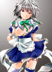 Rule 34 | 1girl, apron, bow, braid, breast slip, breasts, dress, embodiment of scarlet devil, female focus, frills, grin, hair bow, hairband, izayoi sakuya, kanoe (gallery walhalla), large breasts, looking at viewer, maid, maid apron, maid headdress, nipples, one breast out, open clothes, panties, pussy, red eyes, red theme, see-through, short hair, silver hair, smile, solo, thighhighs, touhou, twin braids, uncensored, underwear, undressing