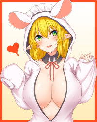 Rule 34 | 1girl, :d, animal costume, animal ears, blonde hair, blush, border, breasts, cleavage, commentary request, detached collar, elf, etan14, fake animal ears, heart, highres, large breasts, long hair, long sleeves, looking at viewer, maid headdress, mouse costume, mouse ears, neck ribbon, open clothes, open mouth, orange border, original, outside border, pointy ears, red ribbon, ribbon, simple background, sleeves past wrists, smile, solo, yellow background