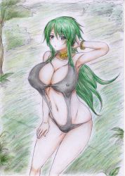 Rule 34 | 1girl, :o, absurdres, arm up, armpits, bracelet, breasts, caam serenity of gusto, choker, cleavage, colored pencil (medium), covered erect nipples, duel monster, female focus, green hair, hand on own head, highres, jewelry, large breasts, long hair, looking at viewer, midriff, navel, ponytail, reebi, slingshot swimsuit, solo, swimsuit, thighs, traditional media, yellow eyes, yu-gi-oh!