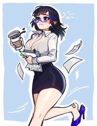 Rule 34 | 1girl, artist name, bandaid, blue-framed eyewear, blush, blushyspicy, breasts, cleavage, coffee, collared shirt, commentary, cup, frown, glasses, high heels, highres, holding, holding cup, large breasts, long hair, long sleeves, mole, mole under eye, nail polish, office lady, original, pencil skirt, pointy ears, running, shirt, shoes, skirt, solo, sweatdrop, vivian seong (blushyspicy), white shirt