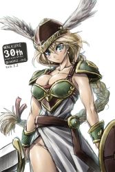 Rule 34 | 1girl, amania orz, armor, armored dress, blonde hair, blue eyes, braid, breast press, breasts, cleavage, green armor, head wings, helmet, large breasts, long hair, namco, shield, single braid, solo, sword, thighs, valkyrie, valkyrie (vnd), valkyrie no densetsu, weapon, white background, winged helmet, wings