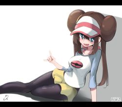 Rule 34 | 1girl, \n/, arm support, artist name, black pantyhose, blue eyes, blush, bow, brown hair, commentary, copyright name, creatures (company), double bun, game freak, hair bun, hat, leaning back, legs, letterboxed, long hair, looking at viewer, nintendo, not on shana, open mouth, pantyhose, pantyhose under shorts, pink bow, poke ball print, pokemon, pokemon bw2, print shirt, raglan sleeves, rosa (pokemon), shadow, shirt, short shorts, shorts, signature, sitting, smile, solo, twintails, visor cap, white background, white hat, yellow shorts