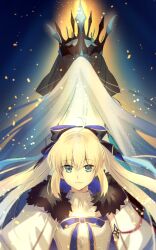 Rule 34 | 2girls, ahoge, armor, back-to-back, black bow, black veil, blonde hair, blue eyes, blue ribbon, bow, breastplate, capelet, crown, dai4kabe, dual persona, facing away, fate/grand order, fate (series), fur-trimmed capelet, fur trim, hair bow, light particles, long hair, looking at viewer, morgan le fay (fate), morgan le fay (queen of winter) (fate), multiple girls, ponytail, ribbon, smile, spiked armor, split ponytail, striped ribbon, aesc (fate), upper body, veil, white capelet, white hair