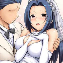 Rule 34 | 00s, 1boy, 1girl, ahoge, between breasts, blush, breasts squeezed together, breasts, bridal veil, bride, dress, elbow gloves, faceless, faceless male, gloves, happy, idolmaster, idolmaster (classic), idolmaster 1, jewelry, large breasts, long hair, miura azusa, no eyes, ring, takayaki, tears, veil, wedding dress
