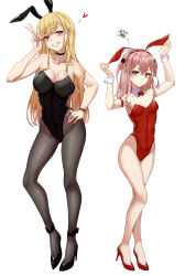 Rule 34 | 2girls, absurdres, animal ears, arm strap, arm up, armpits, arms up, bare arms, bare legs, bare shoulders, black choker, black footwear, black leotard, blonde hair, blush, breasts, choker, cleavage, closed mouth, detached collar, fake animal ears, female focus, frown, full body, grey legwear, grin, hairband, hand on own hip, heart, high heels, highleg, highleg leotard, highres, inui sajuna, jewelry, kitagawa marin, large breasts, leotard, long hair, looking at viewer, multiple girls, pantyhose, pink eyes, pink hair, playboy bunny, rabbit ears, red eyes, red footwear, red leotard, ring, simple background, small breasts, smile, sono bisque doll wa koi wo suru, squiggle, standing, strapless, strapless leotard, thighs, two side up, v, white background, wrist cuffs, wristband, yukiaka