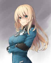 Rule 34 | 10s, 1girl, ascot, atago (kancolle), black gloves, breasts, commentary request, crossed arms, enosan, gloves, gradient background, green eyes, highres, kantai collection, large breasts, light brown hair, long hair, looking at viewer, md5 mismatch, resized, resolution mismatch, shaded face, simple background, smile, solo, source smaller, upscaled