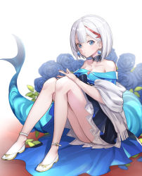 Rule 34 | 1girl, admiral graf spee (a novel anniversary) (azur lane), admiral graf spee (azur lane), azur lane, blue dress, blue eyes, blue flower, blue rose, breasts, chinese commentary, choker, cleavage, closed mouth, collarbone, commentary request, dress, earrings, evening gown, fins, fish tail, flower, haowei wu, highres, jewelry, knees up, looking at viewer, medium breasts, multicolored hair, no socks, off shoulder, own hands together, rose, shark tail, shawl, shoes, short hair, sitting, solo, streaked hair, tail, white footwear, white hair