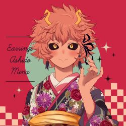 Rule 34 | 1girl, adjusting earrings, ashido mina, bad id, bad twitter id, black ribbon, black sclera, blue kimono, blush, boku no hero academia, character name, closed mouth, colored sclera, colored skin, commentary, cursive, earrings, english text, floral print, hair ribbon, highres, horns, japanese clothes, jewelry, kimono, long sleeves, looking at viewer, messy hair, nanaminn, obi, pink hair, pink skin, print kimono, red background, ribbon, sash, short hair, smile, solo, symbol-only commentary, upper body, wide sleeves, yellow eyes