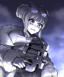 Rule 34 | 1girl, absurdres, bullpup, coat, collar, commentary, commission, double bun, english commentary, eyewear on head, fur-trimmed coat, fur trim, girls&#039; frontline, gun, hair bun, highres, holding, holding gun, holding weapon, official alternate costume, open clothes, open coat, p90, p90 (girls&#039; frontline), p90 (scarlet turbo) (girls&#039; frontline), parted lips, personal defense weapon, pixiv commission, scope, senpaihawkkun, sidelocks, submachine gun, weapon