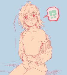 Rule 34 | !?, 10s, 1girl, ahoge, bad id, bad pixiv id, bare shoulders, blush, breasts, cardfight!! vanguard, collarbone, dressing, embarrassed, face, flat chest, genderswap, genderswap (mtf), legs, limited palette, messy hair, mishima ssuru, nipples, no pants, off shoulder, open clothes, open shirt, pajamas, sendou aichi, shirt, short hair, sitting, sketch, solo, sweat, undressing, wavy mouth